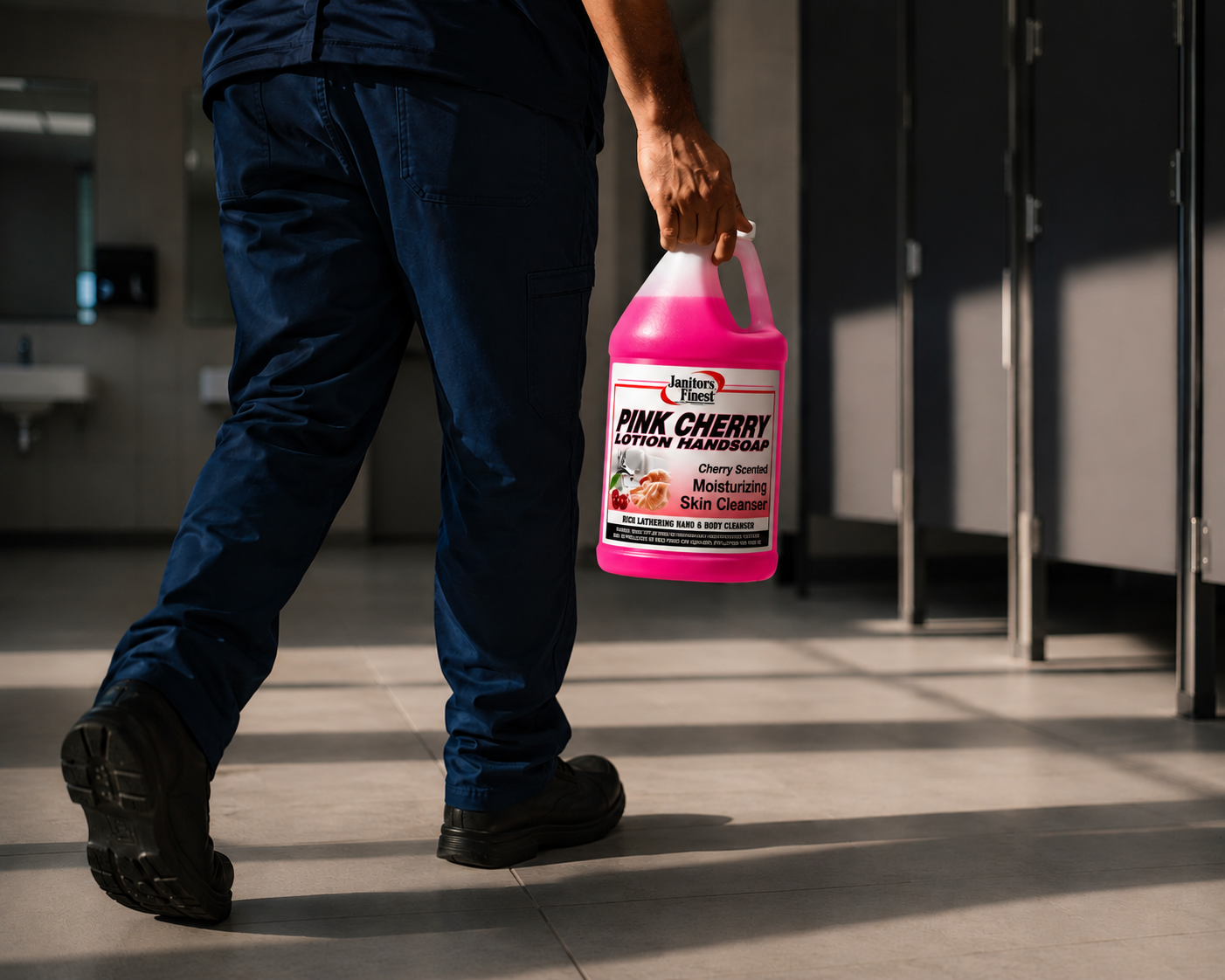 Janitor carrying Pink Cherry Lotion Hand Soap gallon through a restroom