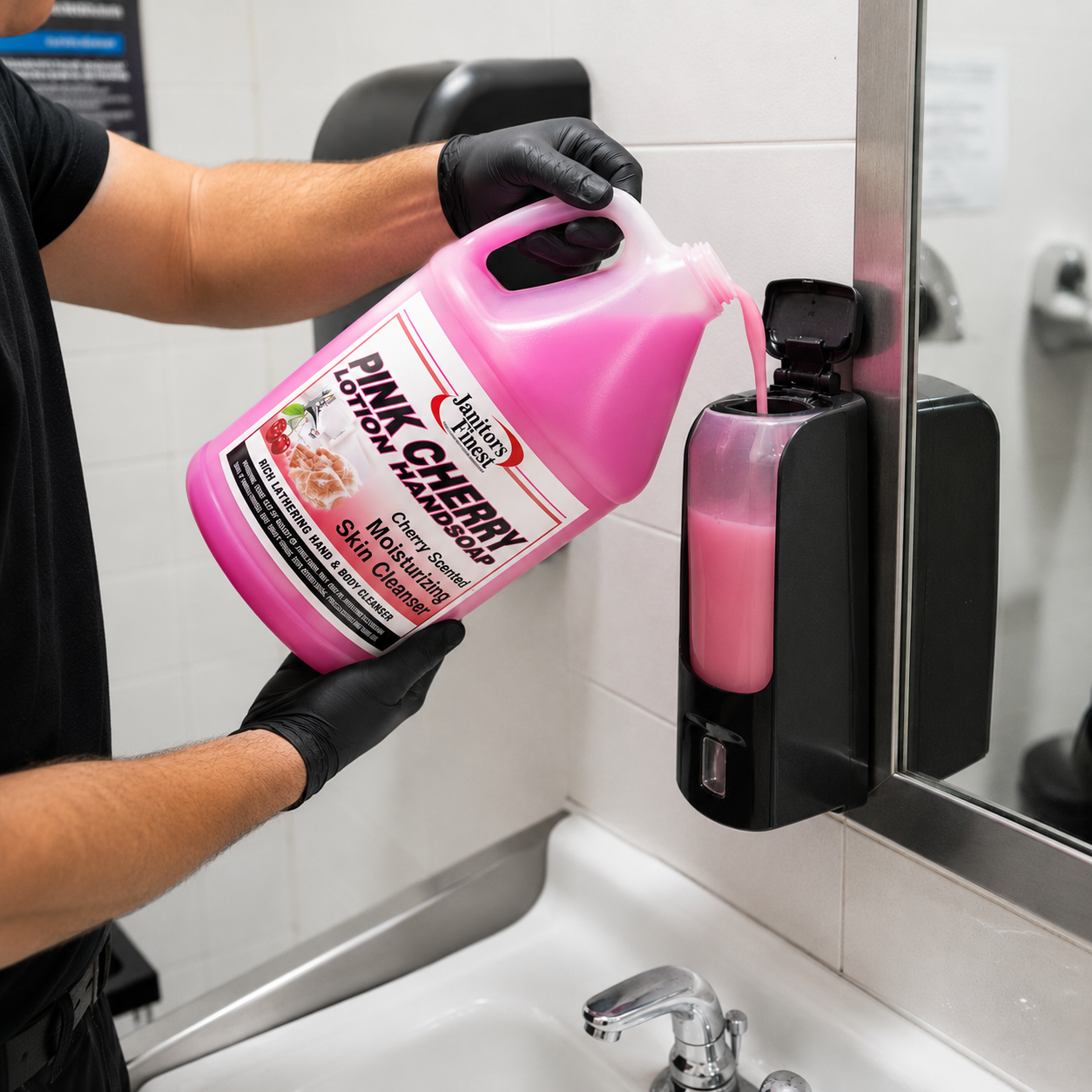 Worker pouring Pink Cherry Hand Soap into a wall-mounted dispenser
