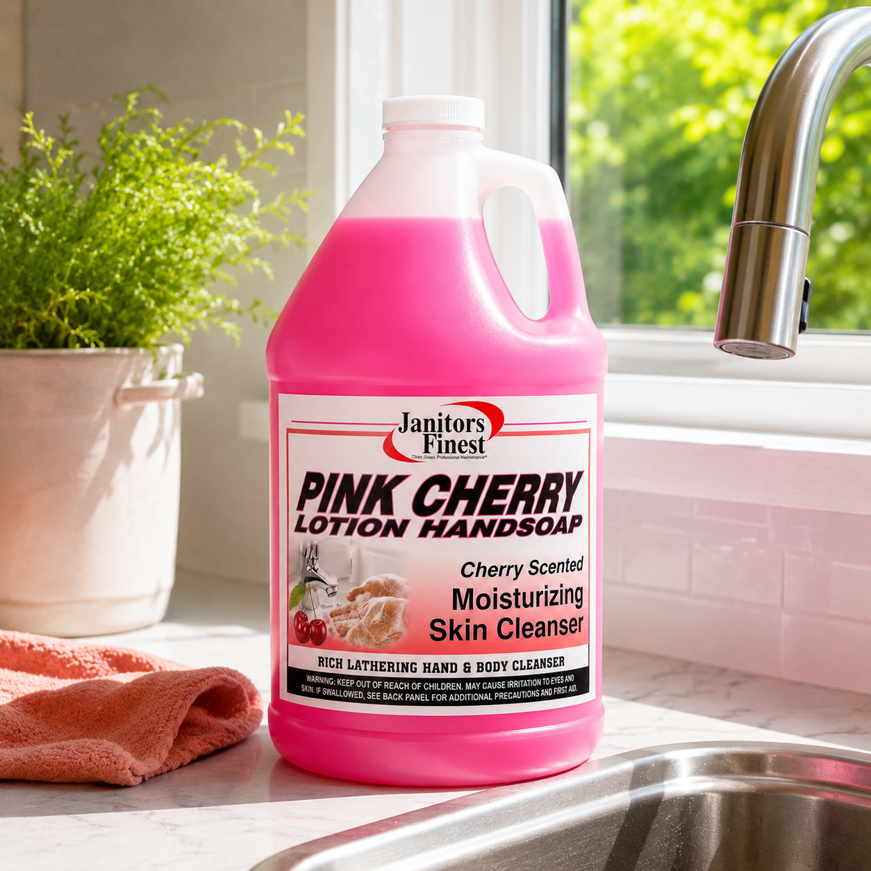 Janitors Finest Pink Cherry Lotion Hand Soap gallon on a kitchen counter