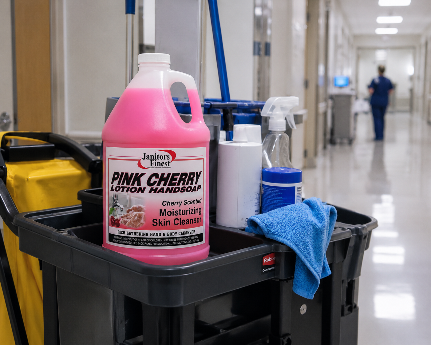 Pink Cherry Hand Soap gallon on a janitorial cart in a hospital hallway