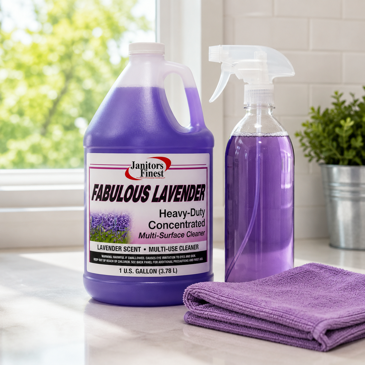 Janitors Finest Fabulous Lavender gallon with diluted spray bottle and purple microfiber cloth on a kitchen counter