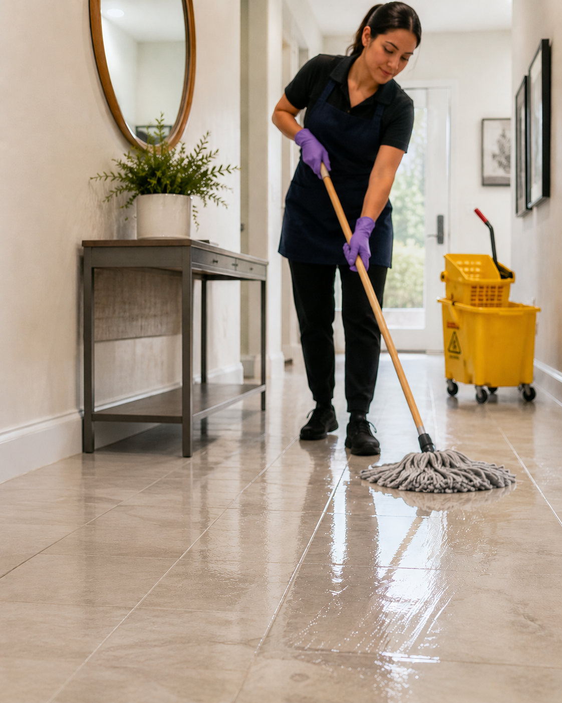 Cleaning professional mopping a tile hallway floor with lavender cleaner and mop bucket
