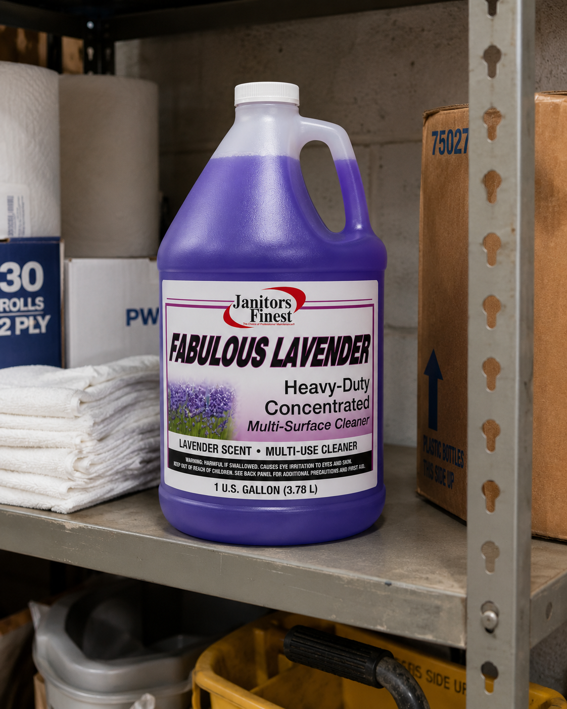 Janitors Finest Fabulous Lavender gallon on a warehouse supply shelf next to towels and boxes