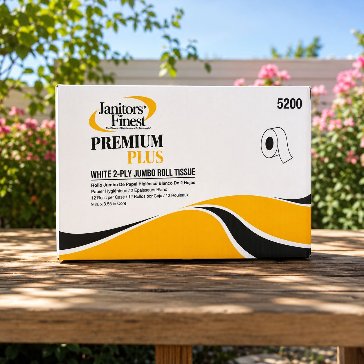 Janitors Finest 5200 Premium Plus jumbo roll tissue case on an outdoor table