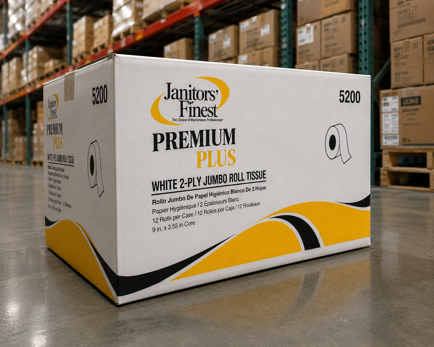 Janitors Finest 5200 Premium Plus jumbo roll tissue case on a warehouse floor