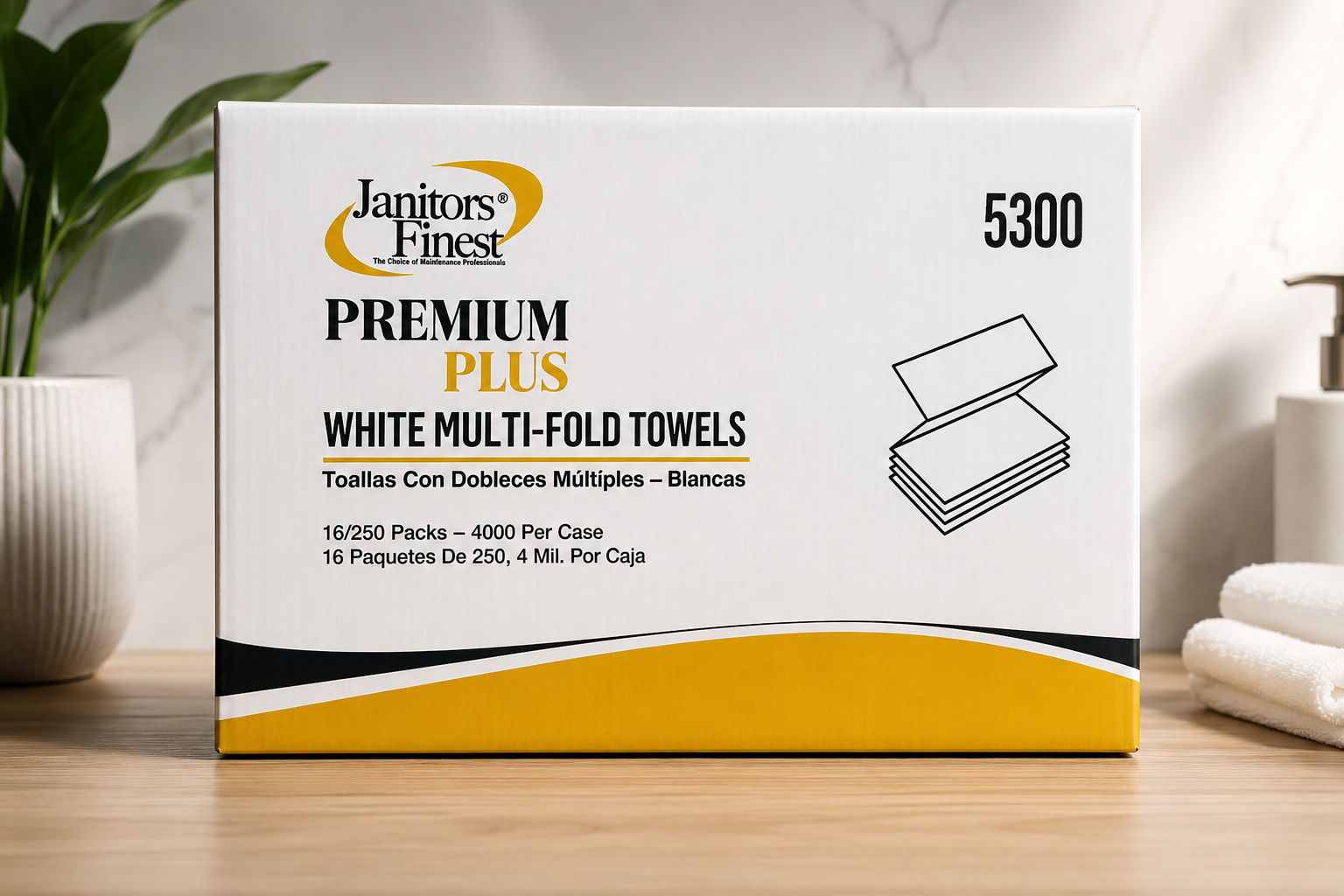 Janitors Finest 5300 Premium Plus white multi-fold towels box front view