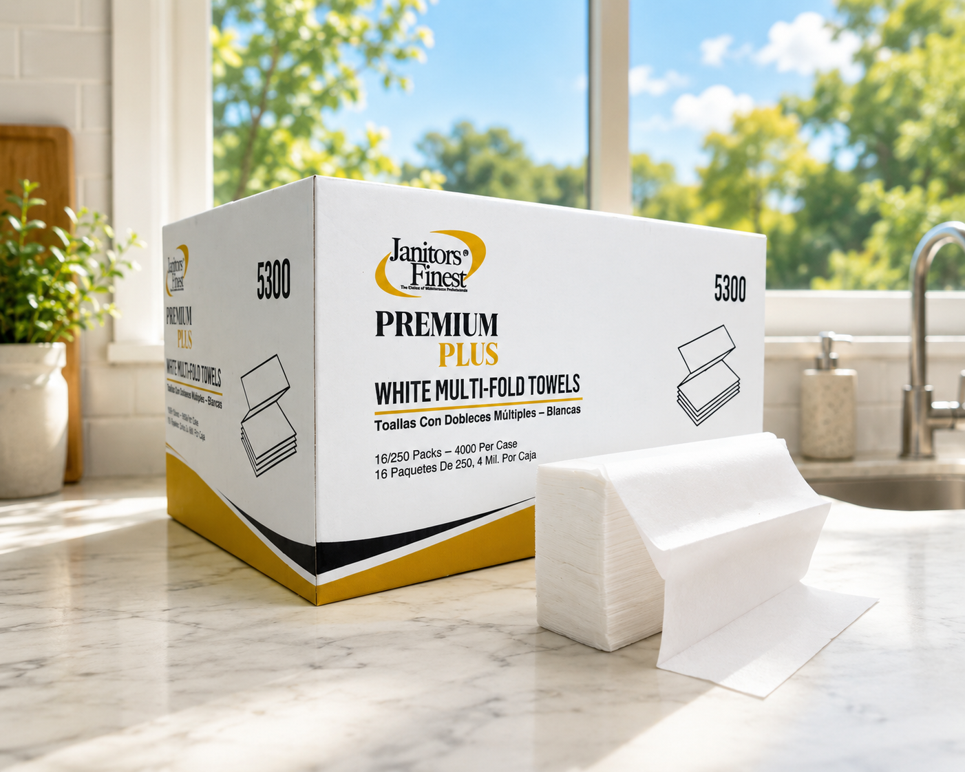 Janitors Finest 5300 multi-fold towels case and towels on a kitchen counter