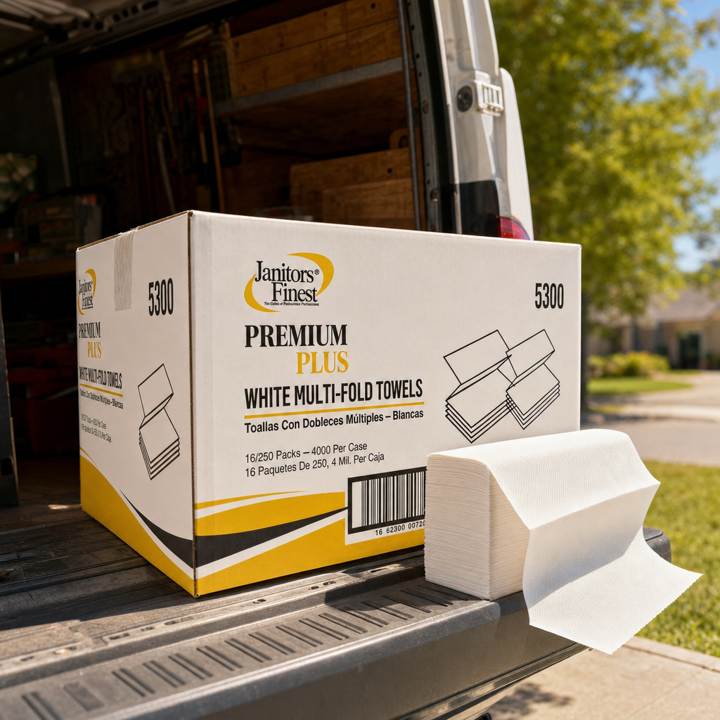 Janitors Finest 5300 multi-fold towels case and towel stack on a delivery van tailgate