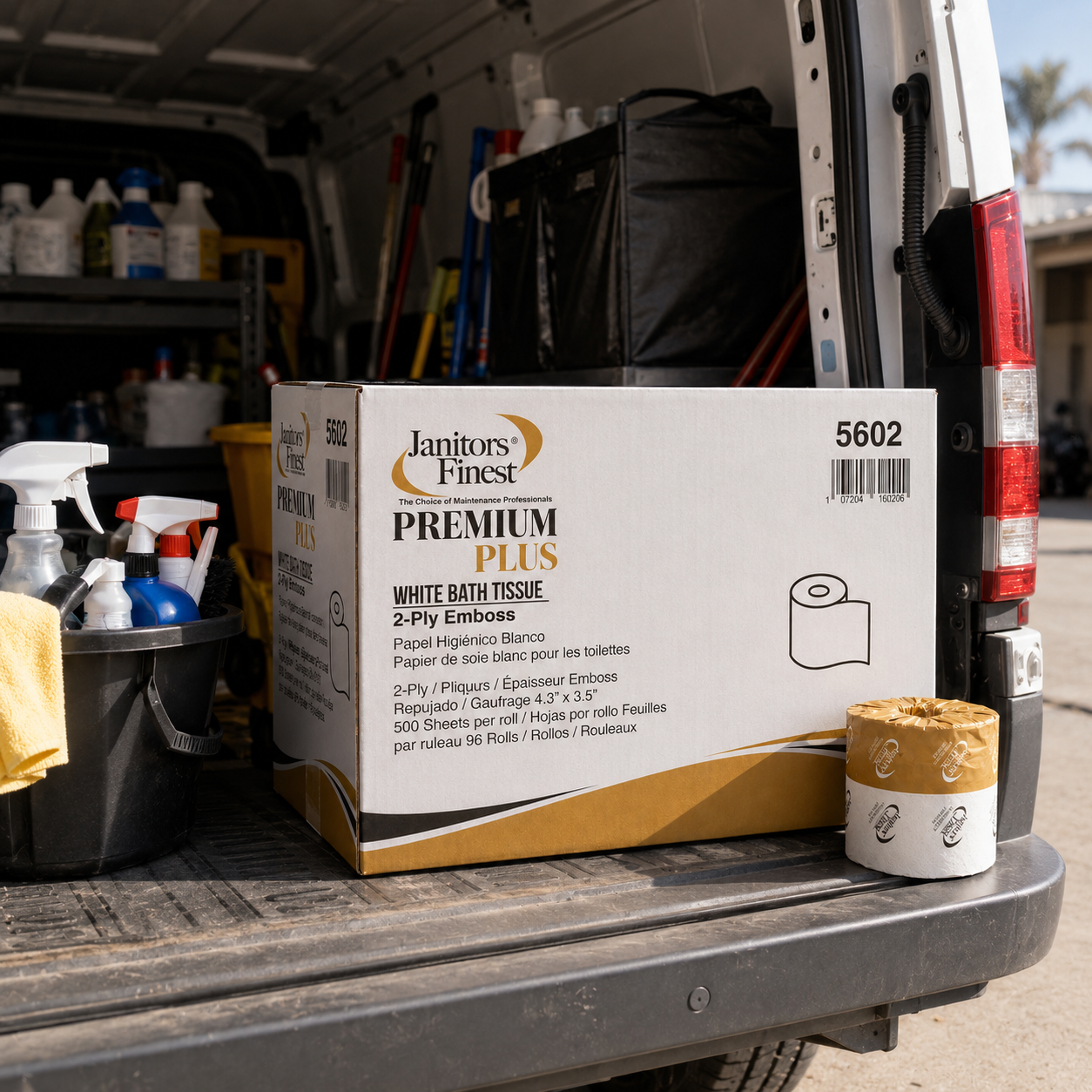 Janitors Finest 5602 bath tissue case and roll on the back of a service van