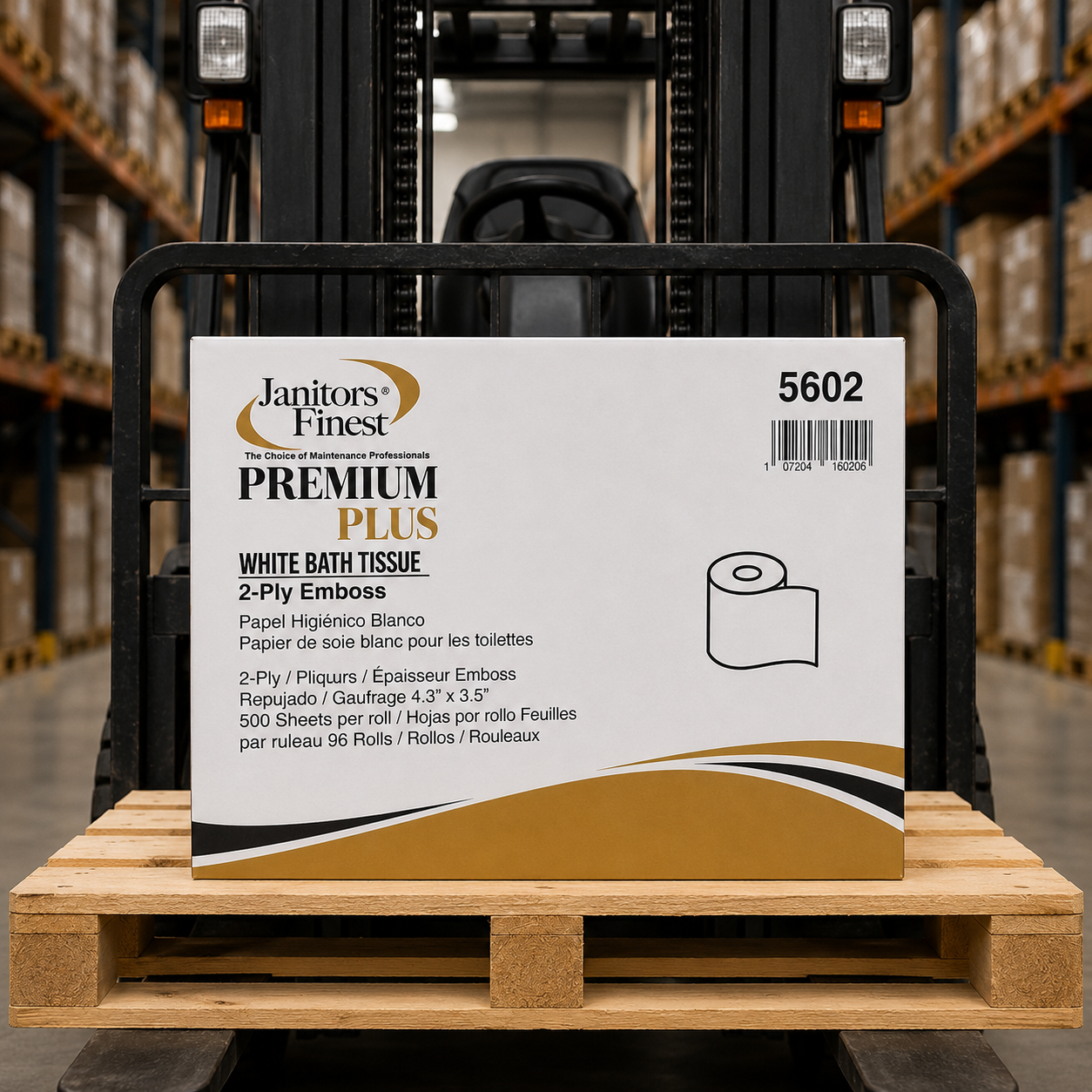 Janitors Finest 5602 bath tissue case on a pallet in a warehouse