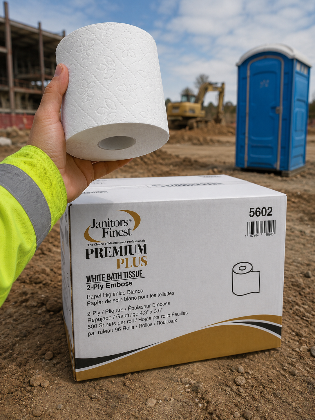 Worker holding a roll of Janitors Finest 5602 bath tissue at a construction site