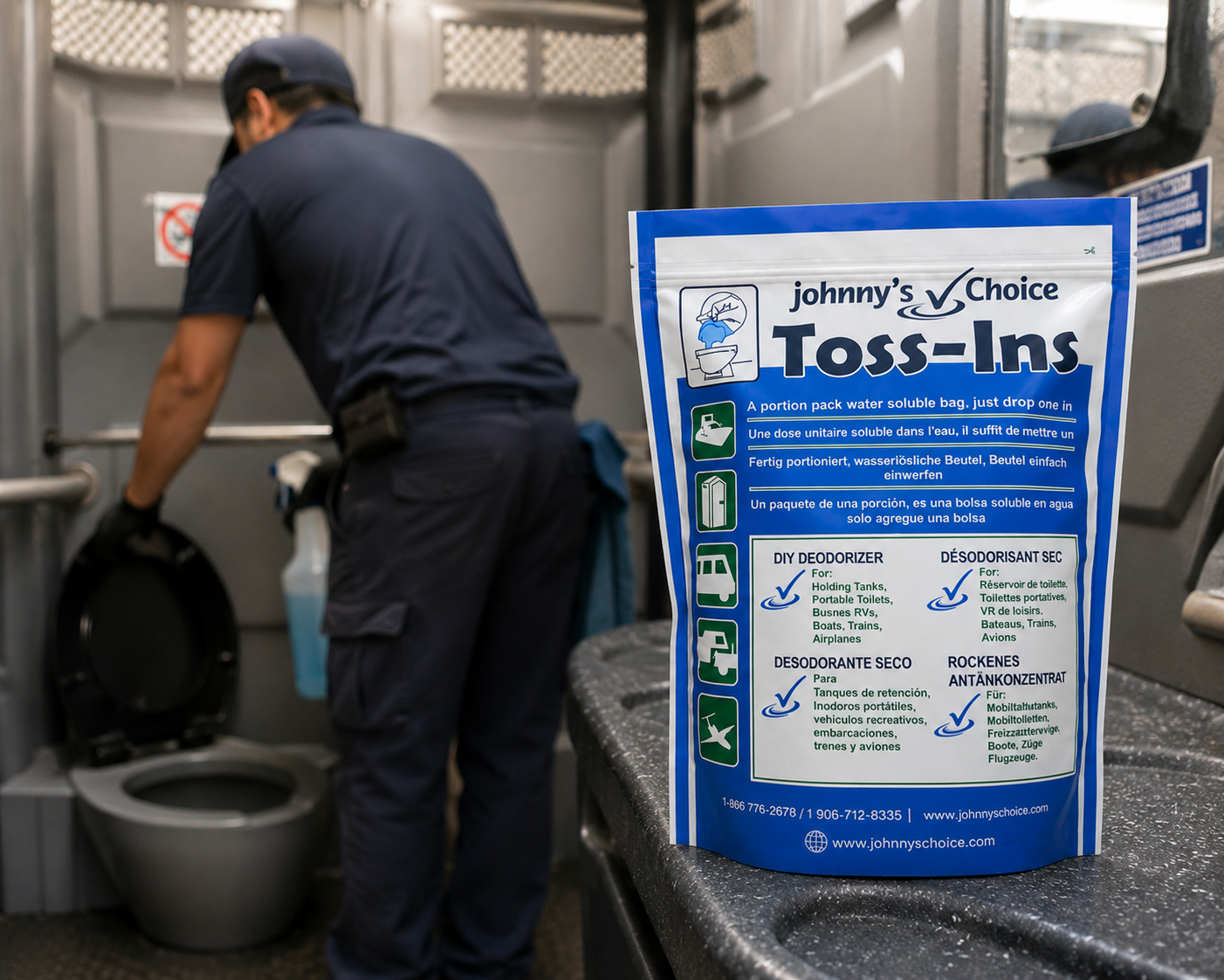 Toss-Ins pouch inside a portable restroom while technician services the unit