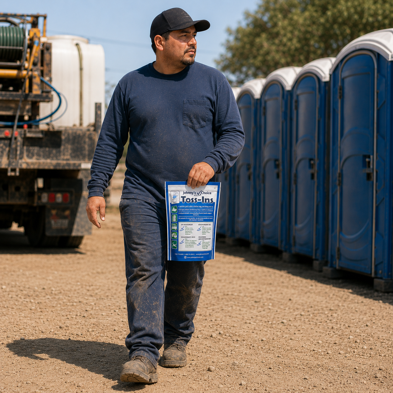 Worker carrying Toss-Ins pouch past a row of portable restrooms