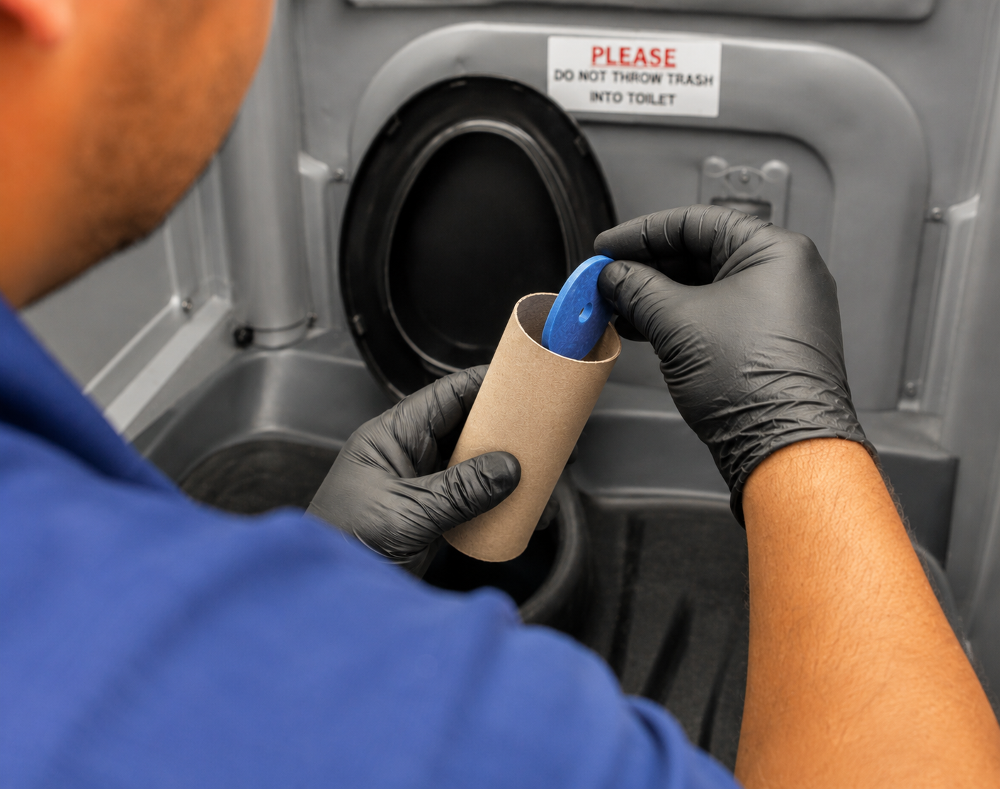 Grand Disk being placed inside a portable restroom toilet paper holder
