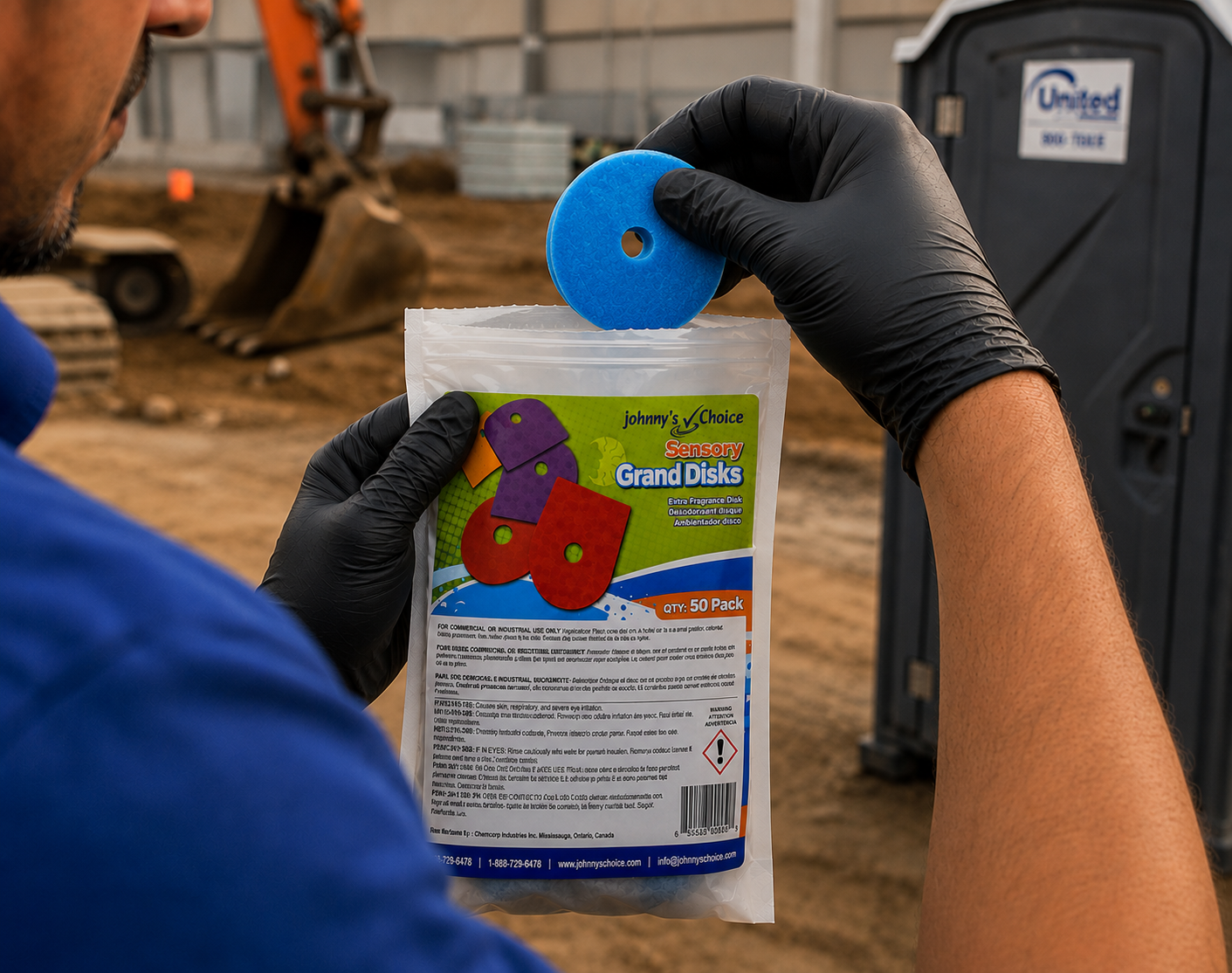 Technician holding Grand Disks pouch and disk at a construction site