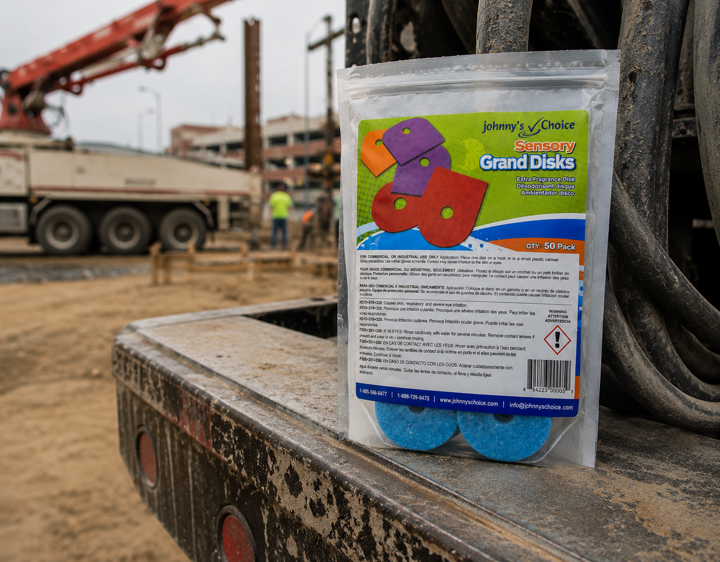 Grand Disks 50-pack pouch sitting on heavy equipment at a job site