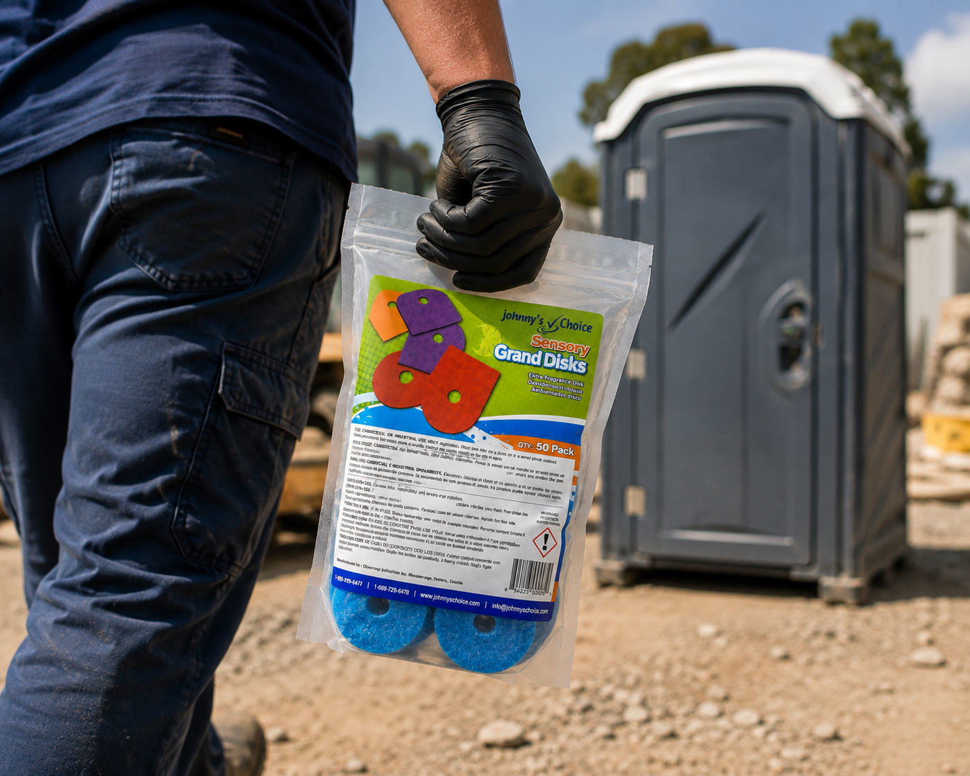 Worker carrying Grand Disks pouch toward a portable restroom